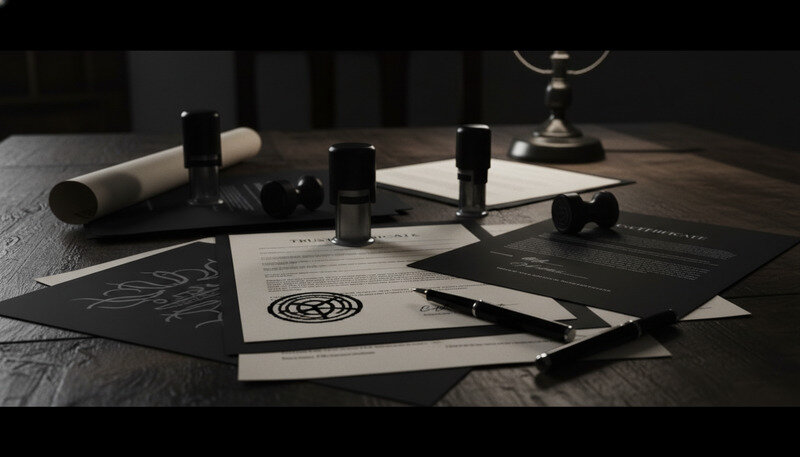 Estate planning documents including trust and will papers on a wooden desk with a pen