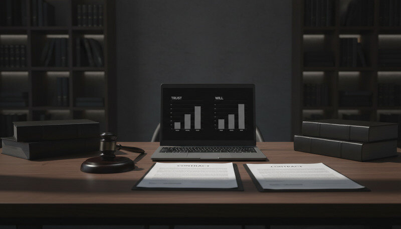 Professional estate planning consultation with legal documents and laptop showing trust and will comparison