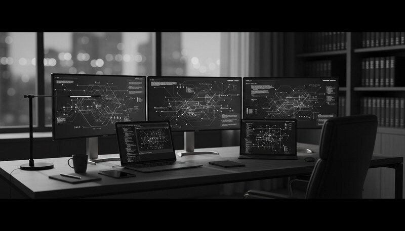 Modern law office setup with multiple monitors showing estate planning software and client management systems