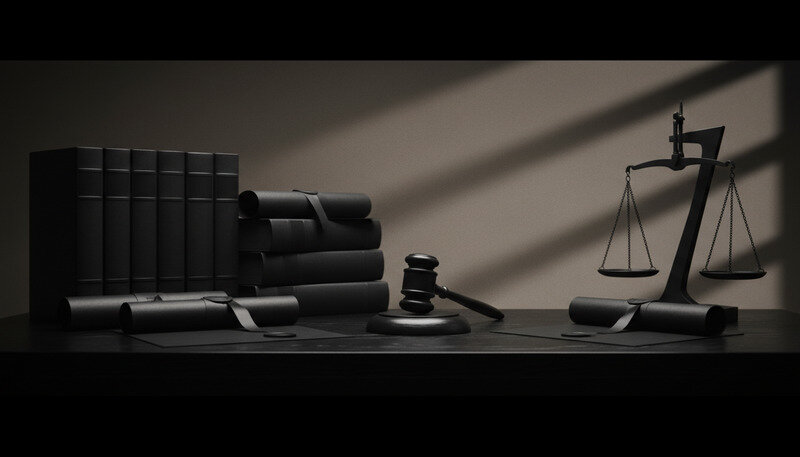 Stack of state-specific legal books and court documents with a gavel and scales of justice