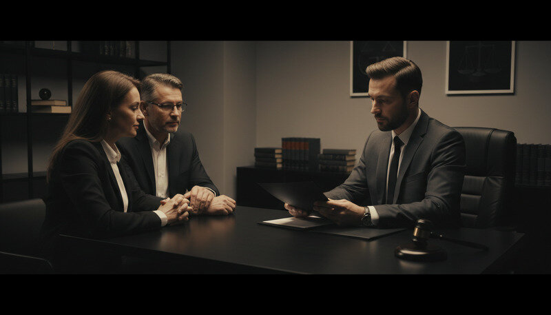 Estate planning attorney reviewing documents with clients in a professional office setting