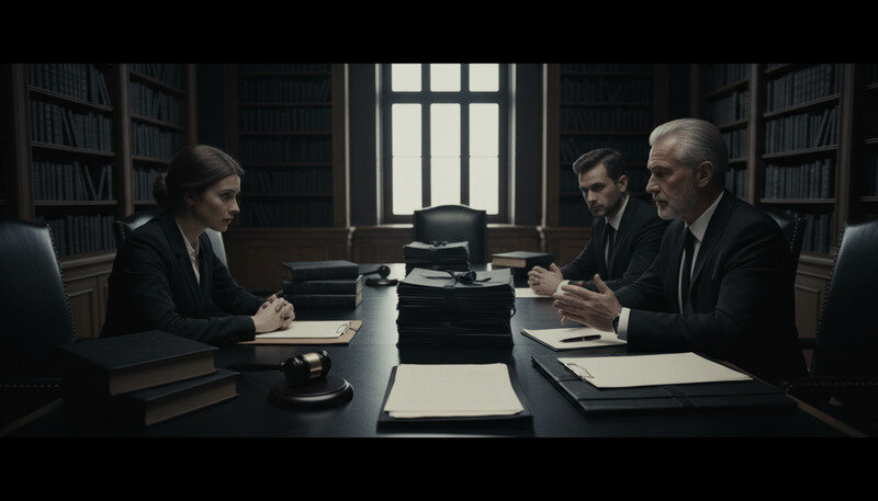 Professional trustee meeting with beneficiaries and legal documents